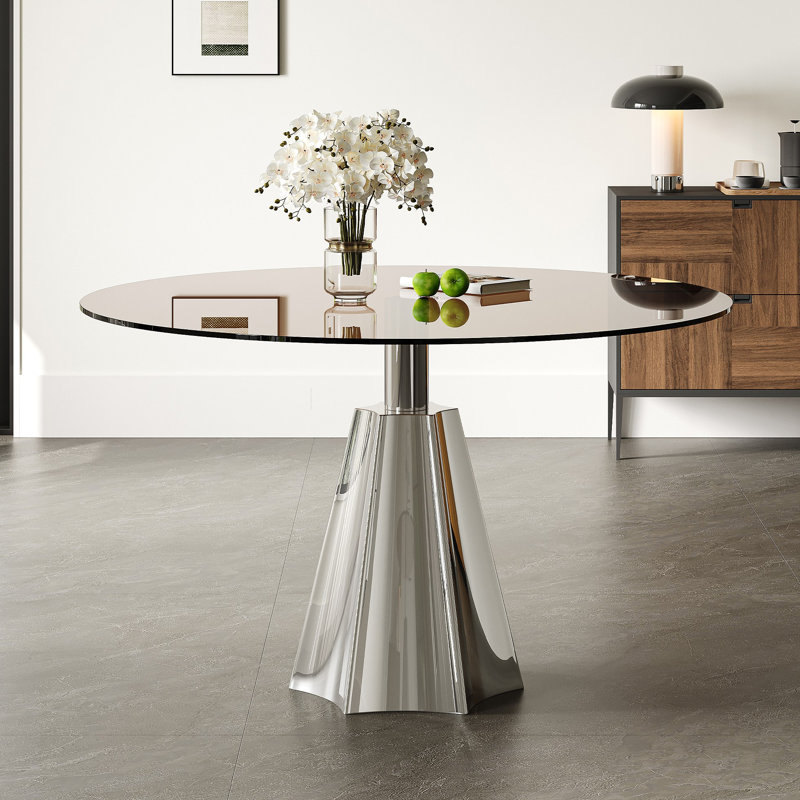 Table de salle à manger ronde, plateau en verre noir moderne Mid-Century et base évasée argentée pour la cuisine et le salon