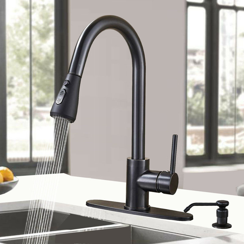 Matte Black Kitchen Faucets with Soap Dispenser, Kitchen Faucet with Pull Down Sprayer, Commercial Stainless Steel Kitchen Sink Faucet, High Arc Single Hole Faucets for Kitchen Sink RV Bar Farmhouse