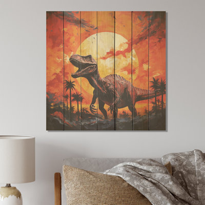 Coucher de soleil de dinosaure rouge et jaune I - dinosaure sur bois