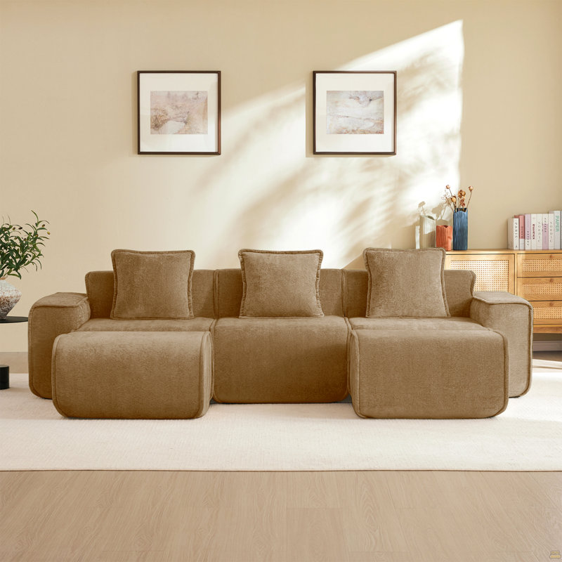 Canapé modulaire modulaire à 3 places en forme de U avec passepoil à bordure française, aucun assemblage requis, canapé à 3 places avec coussins décoratifs et 2 repose-pieds mobiles, tissu en velours brun