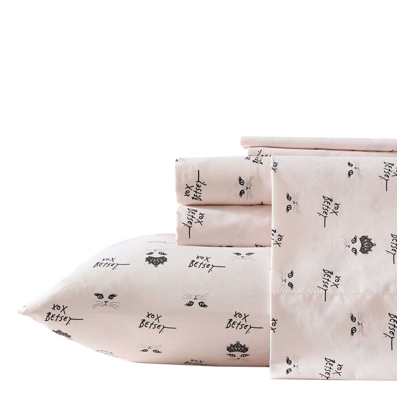 Ensemble de draps Betsey Johnson Xox Bling, Ensemble de draps pour lit simple avec 2 taies d'o, Bisous Bling Kitty Pink