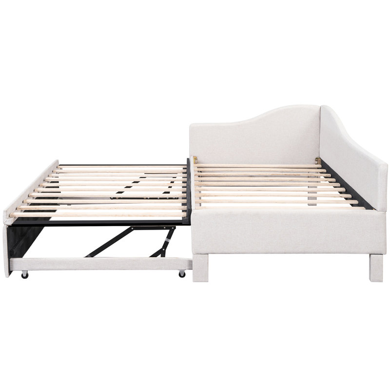 Lit de jour simple en L rembourré en L beige avec lit gigogne et extensible pour dormir très grand