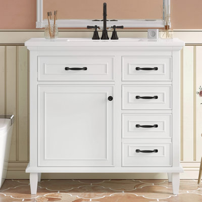 36 Inch Bathroom Vanity With Ceramic Sink Top, Solid Wood Frame, MDF & Poplar Cabinet, Flip Drawers, Adjustable Shelf, And Zinc Alloy Handles, Freestanding Storage Cabinet (Faucet Not Included)