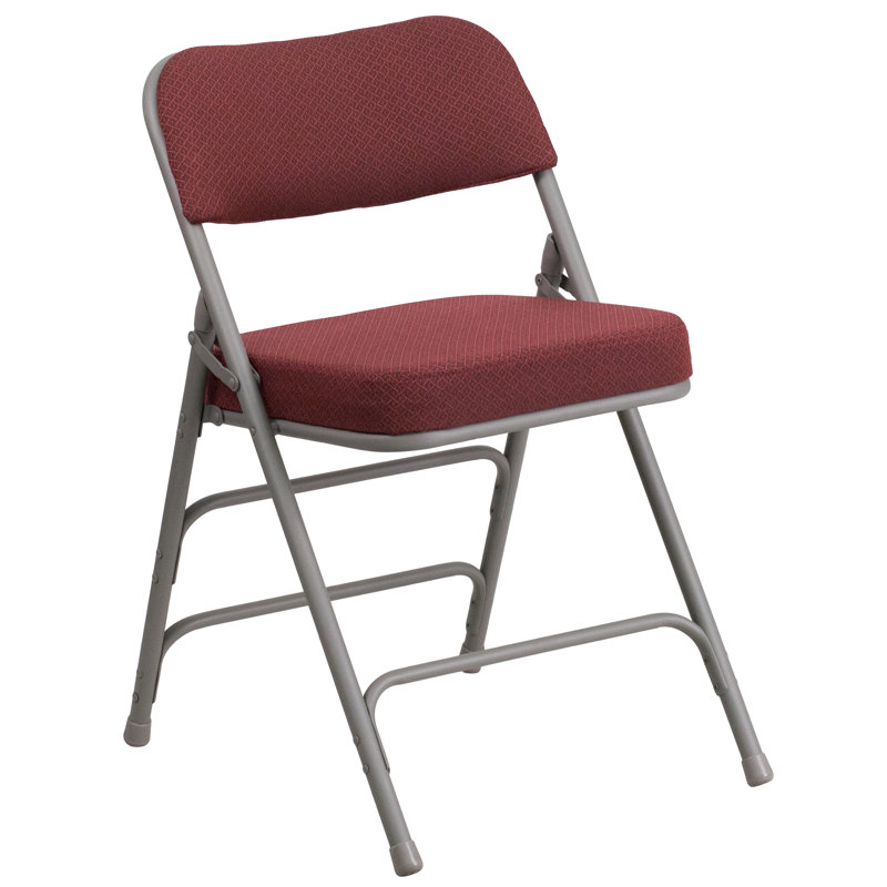 Premium Curved Triple Braced & Double Hinged Fabric Upholstered Metal Folding Chair, Burgundy/Grey