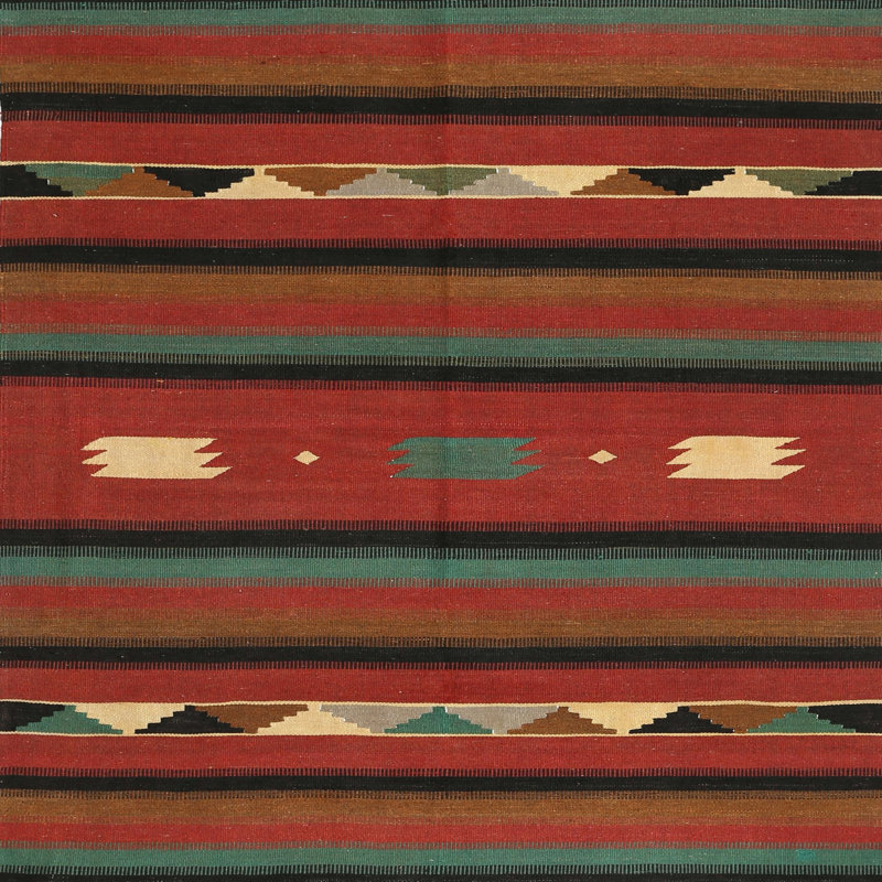Tapis contemporain rouge / noir / vert, Carré 5 pi