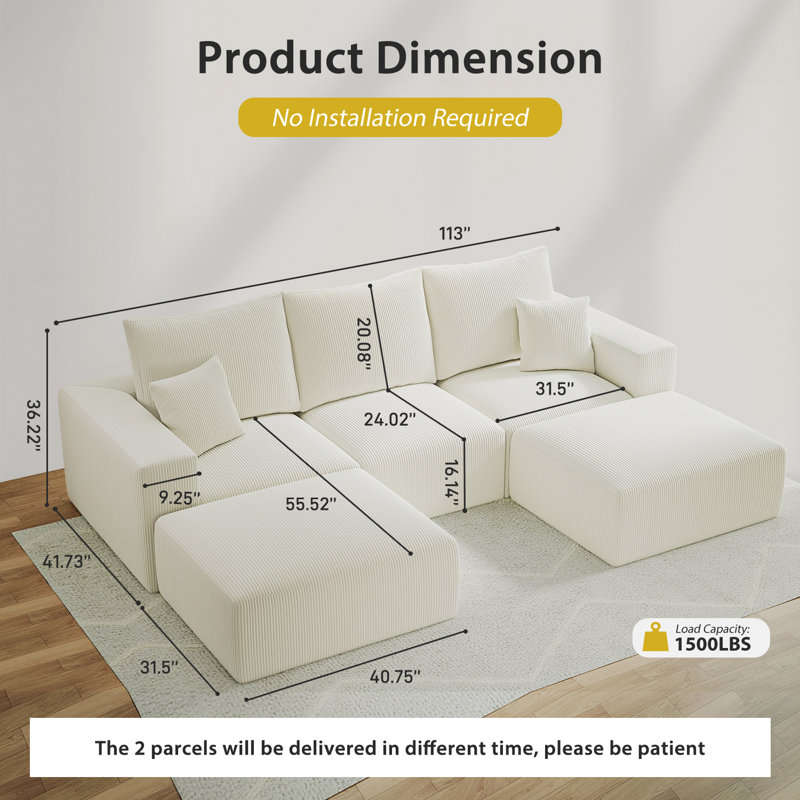 Canapé modulaire en os 3 pièces 113 pièces 113 po, Velours côtelé beige