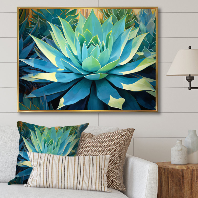 «Green Succulents Majestic Agave II - Succulent», art mural, Cadre flottant doré, H 30 po x l 40 po x P 1,5 po