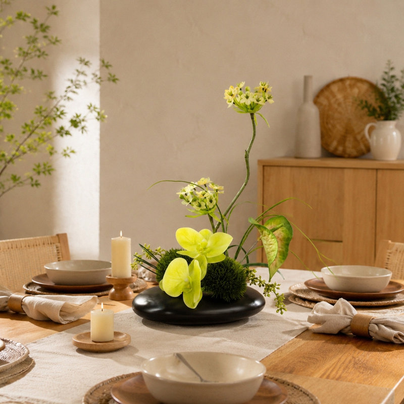 Composition florale d'orchidées jaunes artificielles, centre de table de fleurs artificielles avec vase en forme de galet noir, feuillage et mousse mélangés