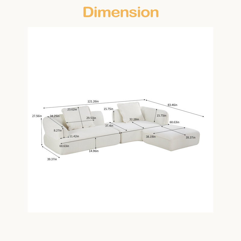 Ensemble de canapé modulaire en forme de L 121,26 "avec éponge entièrement compressée haute densité et méridienne, 2 pièces