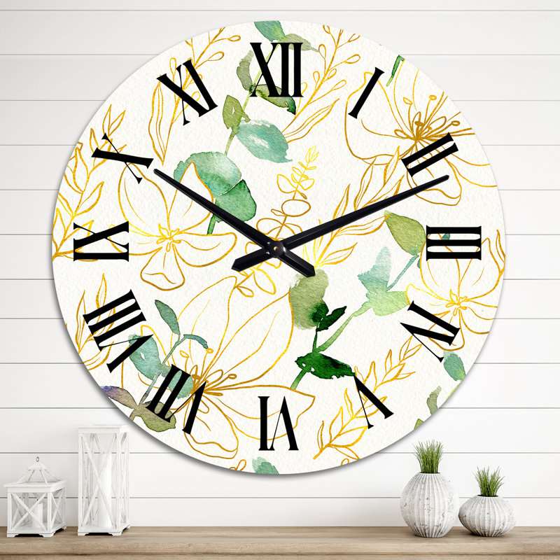 Horloge murale jaune et verte à branches d'eucalyptus, Moyen