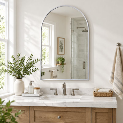 20x30 Inch Silver Metal Framed Arched Bathroom Wall Mirror