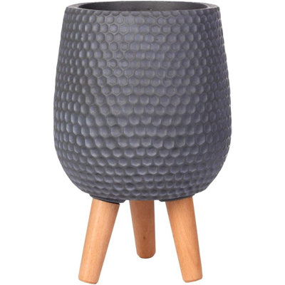 Concrete Effect Round Planter on Hardwood Legs, Round Indoor Plant Pot Stand for Indoor Plants, Indoor Flower Pot with Honeycomb Pattern