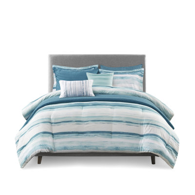 Printed Seersucker Bedding Collection King - Teal Hues 2 Decorative Pillows, 1 Comforter, Shams 8 Piece Comforter Storm Blue, Machine Washable King/