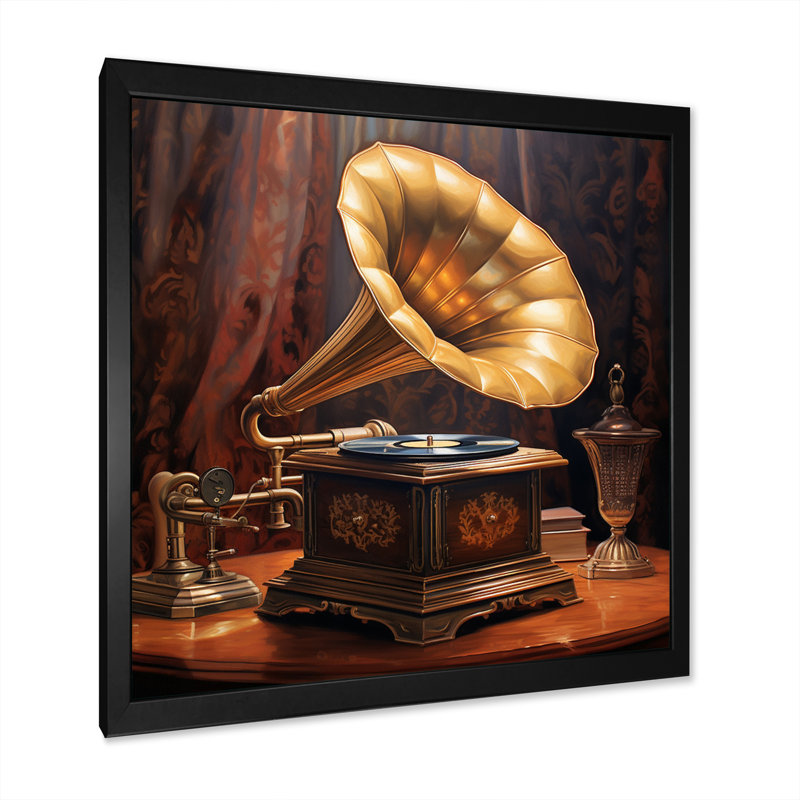 " Gold Phonograph Melodies ", Black Single Picture Framed, 16" H x 16" W x 1" D