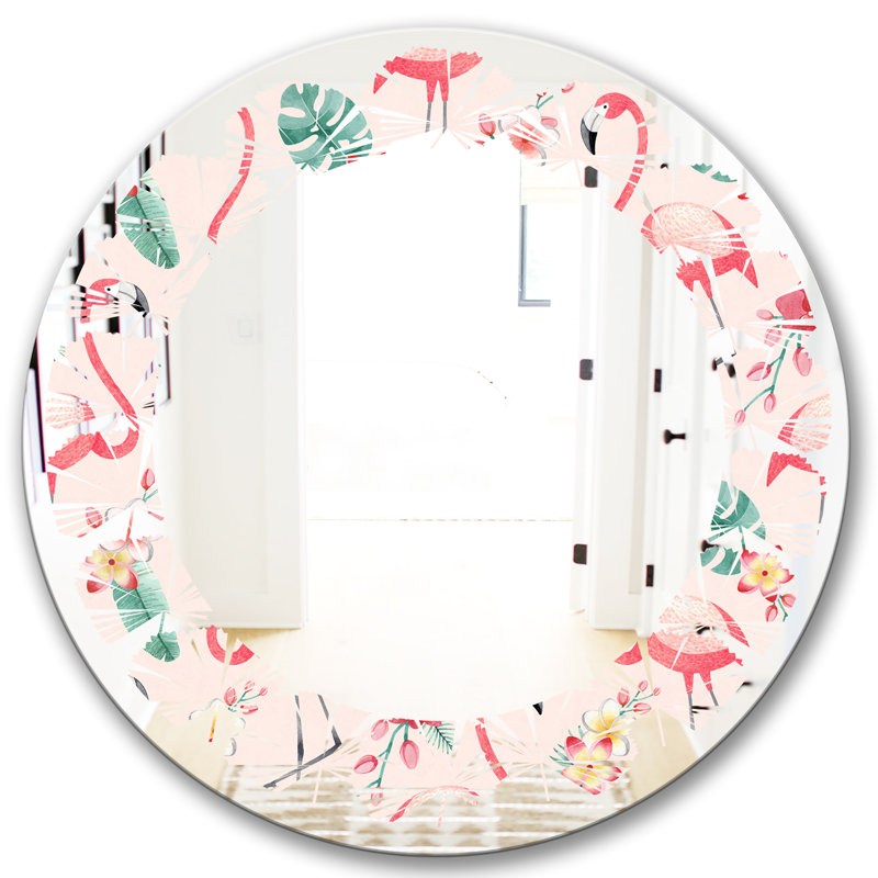 Modern Farmhouse Wall Mirror, Leaves Botanicals, Flowers and Flamingo II, 24" x 24" 