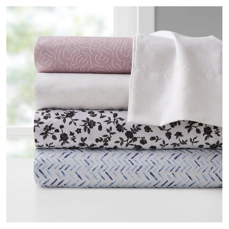 Microfiber 200TC Printed Sheet Set, Black Floral, Queen Sheet Set with 2 Pillowcases