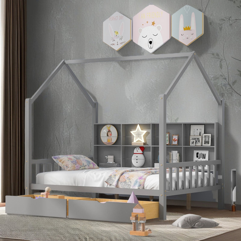 Lit en bois avec 2 tiroirs, Gris, Lit double
