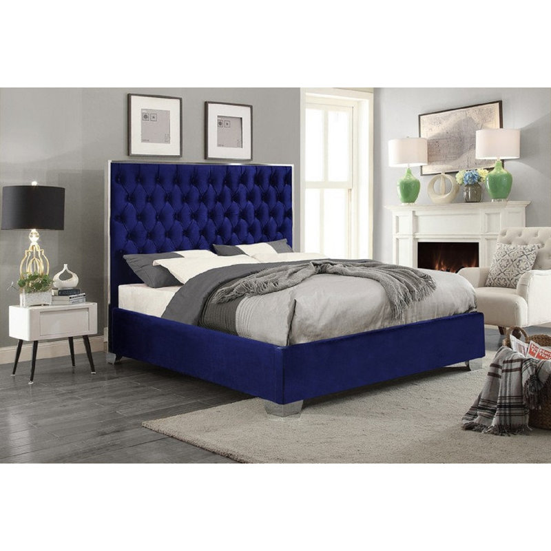 Delle Upholstered Velvet Bed, King, Blue