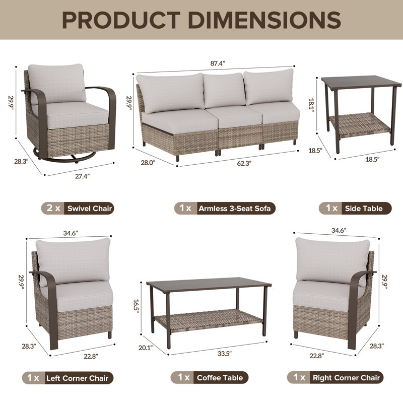 Ensemble de conversation pour 7 personnes avec chaises longues pivotantes, Beige