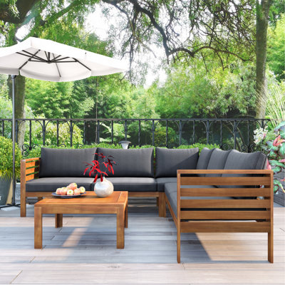 Wood Structure Outdoor Sofa Set With Beige Cushions Exotic Design Water-Resistant And UV Protected Texture High Quality Acacia Wood Strong Metal Accessories