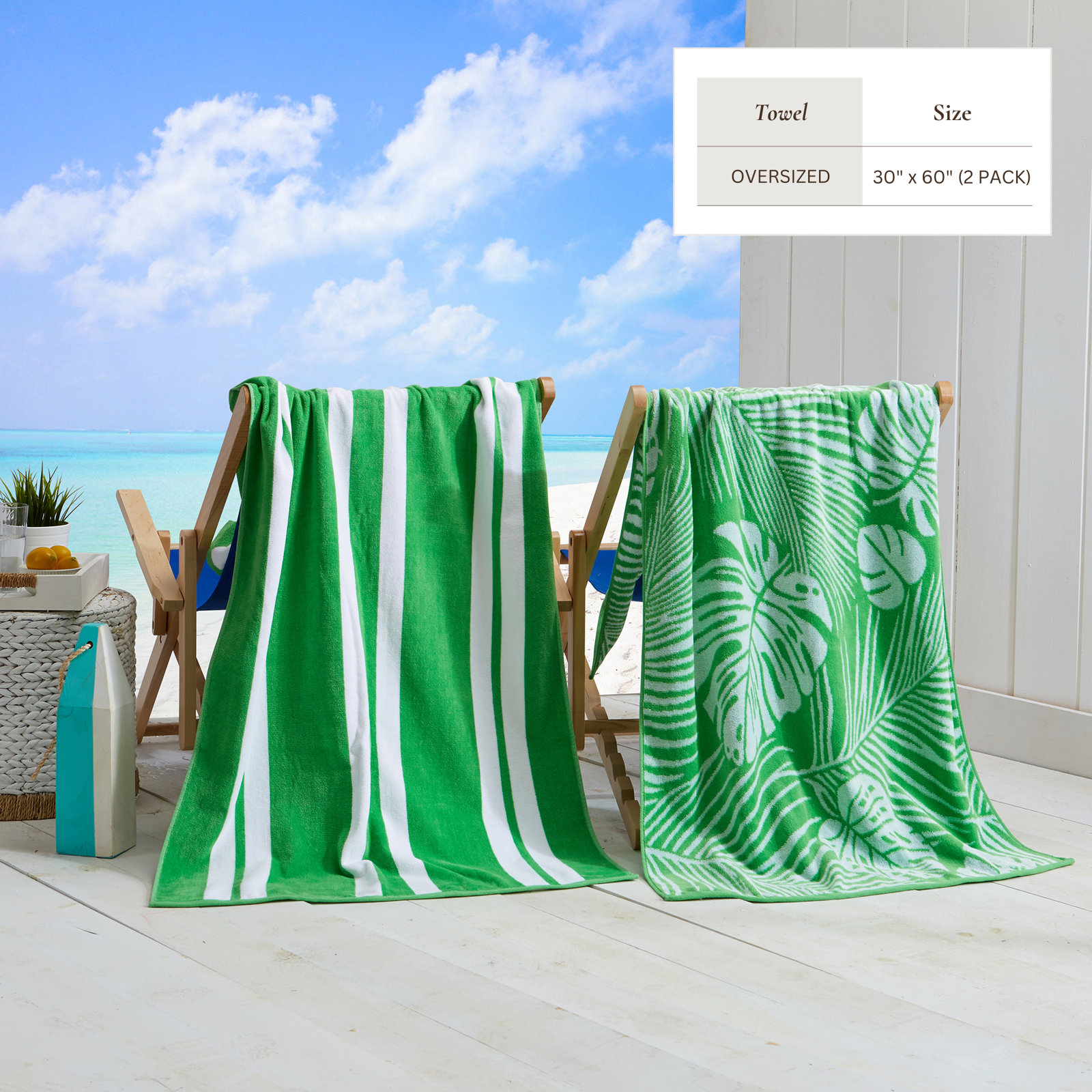 2-Piece Jacquard Cotton Beach Towel Set, Green/White Palm Leaf & Stripe