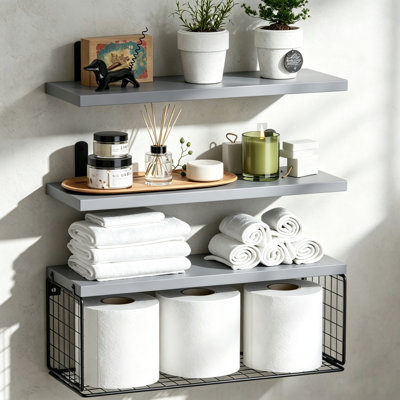 Tablettes murales flottantes 3 pièces avec panier de rangement en fil métallique Cantura