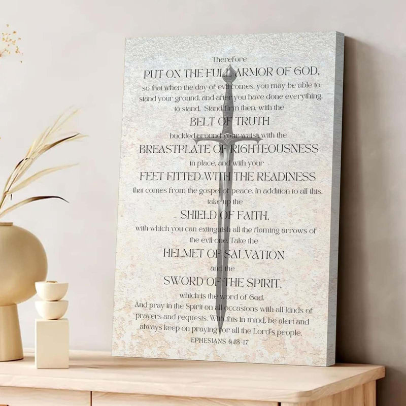 Framed Christian Spiritual Armor Canvas Wall Art Ephesians 6:11 Bible Verse Poster Print Black and White Religious Wall Decor for Church Office Bedroom 24x16in