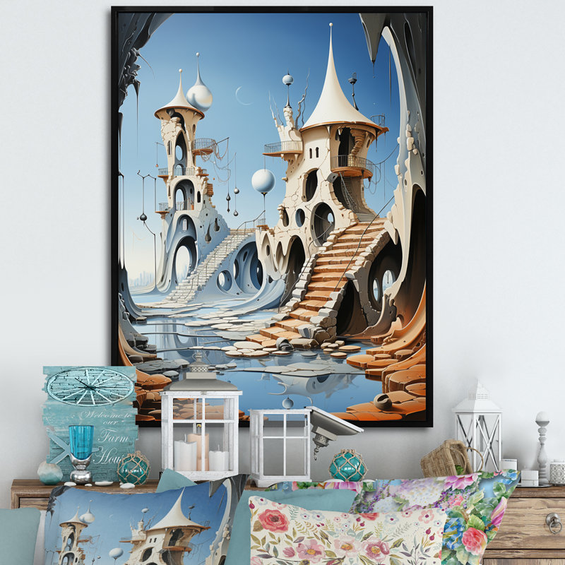 Château fantastique III sur toile, Cadre flottant noir, H 32 po x l 16 po x P 1 po