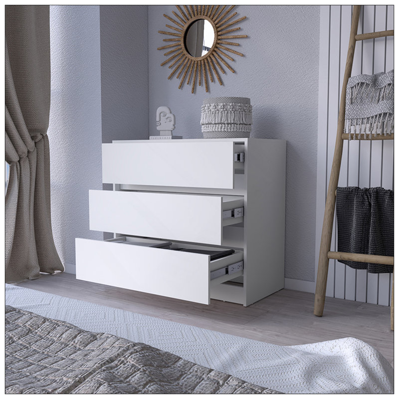 Commode Maldus, trois tiroirs, finition blanche, Blanc