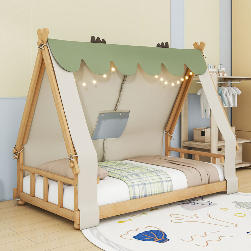 Lit en bois avec lumière et tente, Simple, Blanc