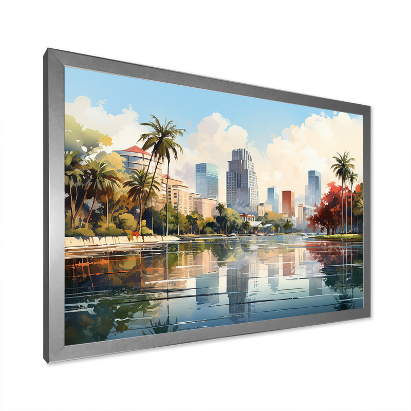 «Skyline of Modern Florida City Watercolor», reproduction sur toile, H 34 po x l 44 po x P 1,5 po, Cadre simple argenté