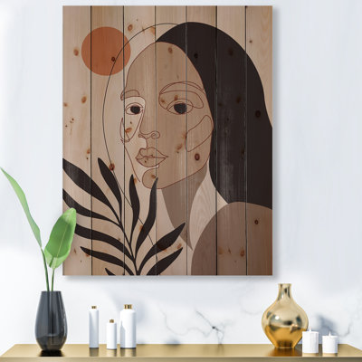 Portrait rétro minimaliste d'une jeune femme - reproduction moderne sur bois de pin naturel