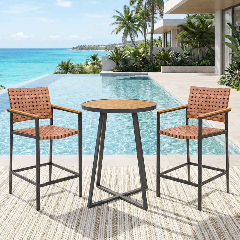 3 Piece Bar Height Patio Table and Chairs Set, High Top Bistro Set with Fauxwood Armrest