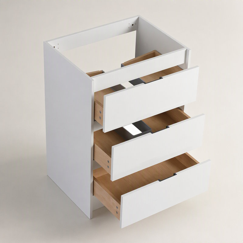 Armoire de salle de bain autoportante 24 po, 3 tiroirs à fermeture douce, blanc brillant (emballage KD) (meuble-lavabo seulement)