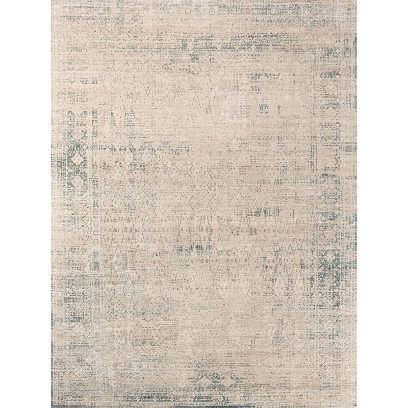 Tapis bleu et ivoire de haute qualité noué à la main, Rectangle 5 pi x 8 pi
