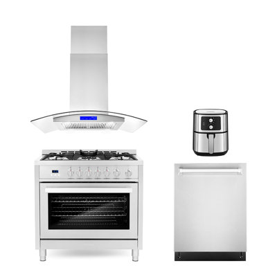 4 Piece Kitchen Appliance Package with 36"" Freestanding Gas Range 36"" Island Range Hood 24"" Built-in Fully Integrated Dishwasher, & 5.5L Electric Hot -  Cosmo, COS-4PKG-583