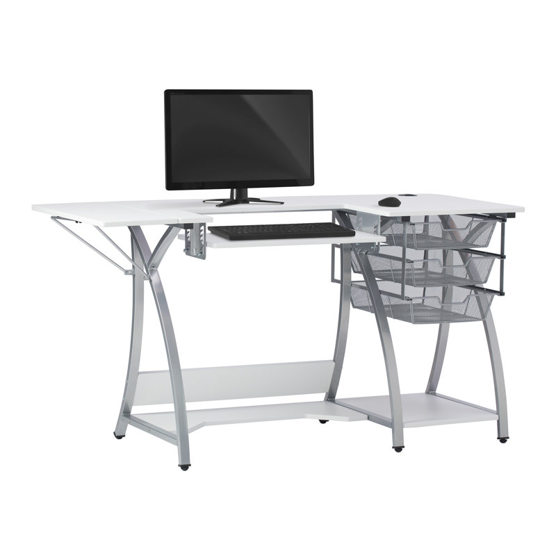 Silver and White Foldable Sewing Table with Mesh Drawers