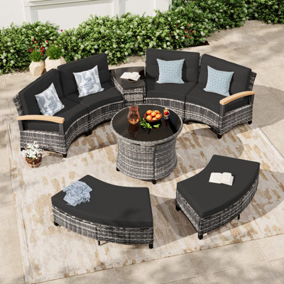 Meissalivve 8-Piece Half-Moon Curved Outdoor Patio Furniture Set, Sectional Conversation Sofa With 2 Half-Moon Ottomans, Round Coffee Tables For Backyard Deck Garden, Black