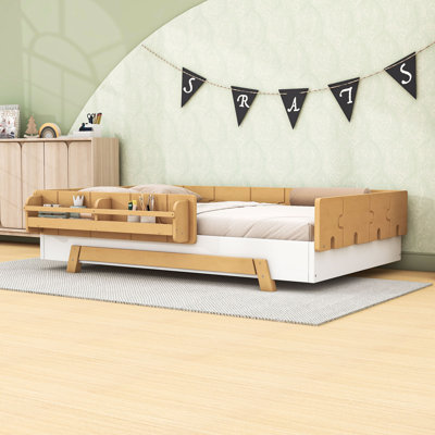 Wooden Bed with Safety Guardrails and Slats