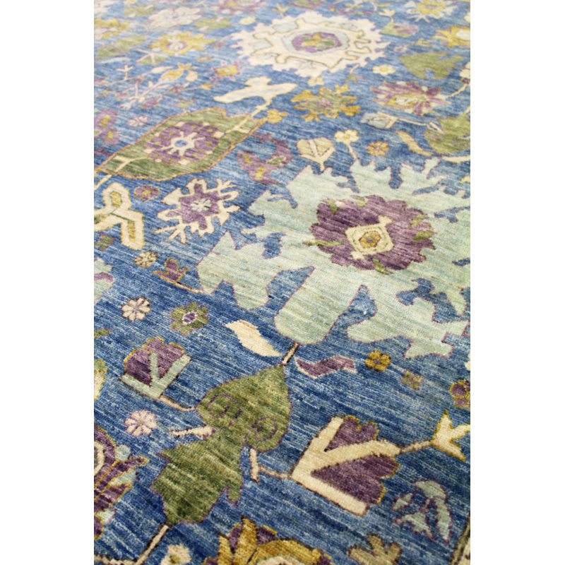 Tapis bleu en laine noué à la main de conception unique 10 pi x 13 pi 8 po New Age