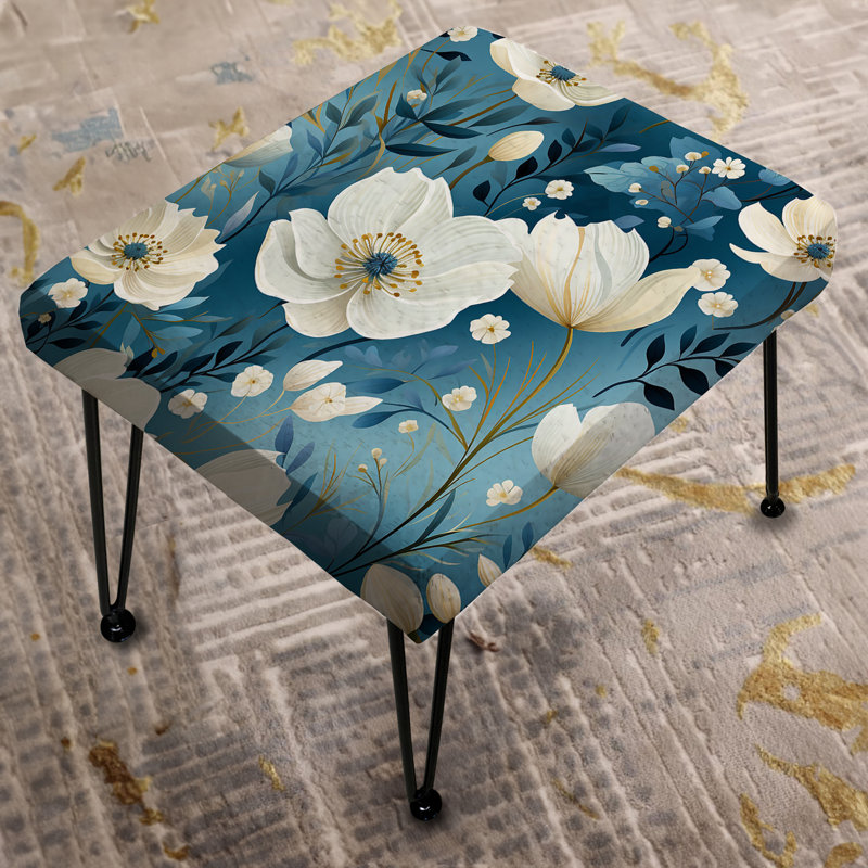 White And Blue Blossoms Meadow Serenity I - Floral Rectangle Ottoman