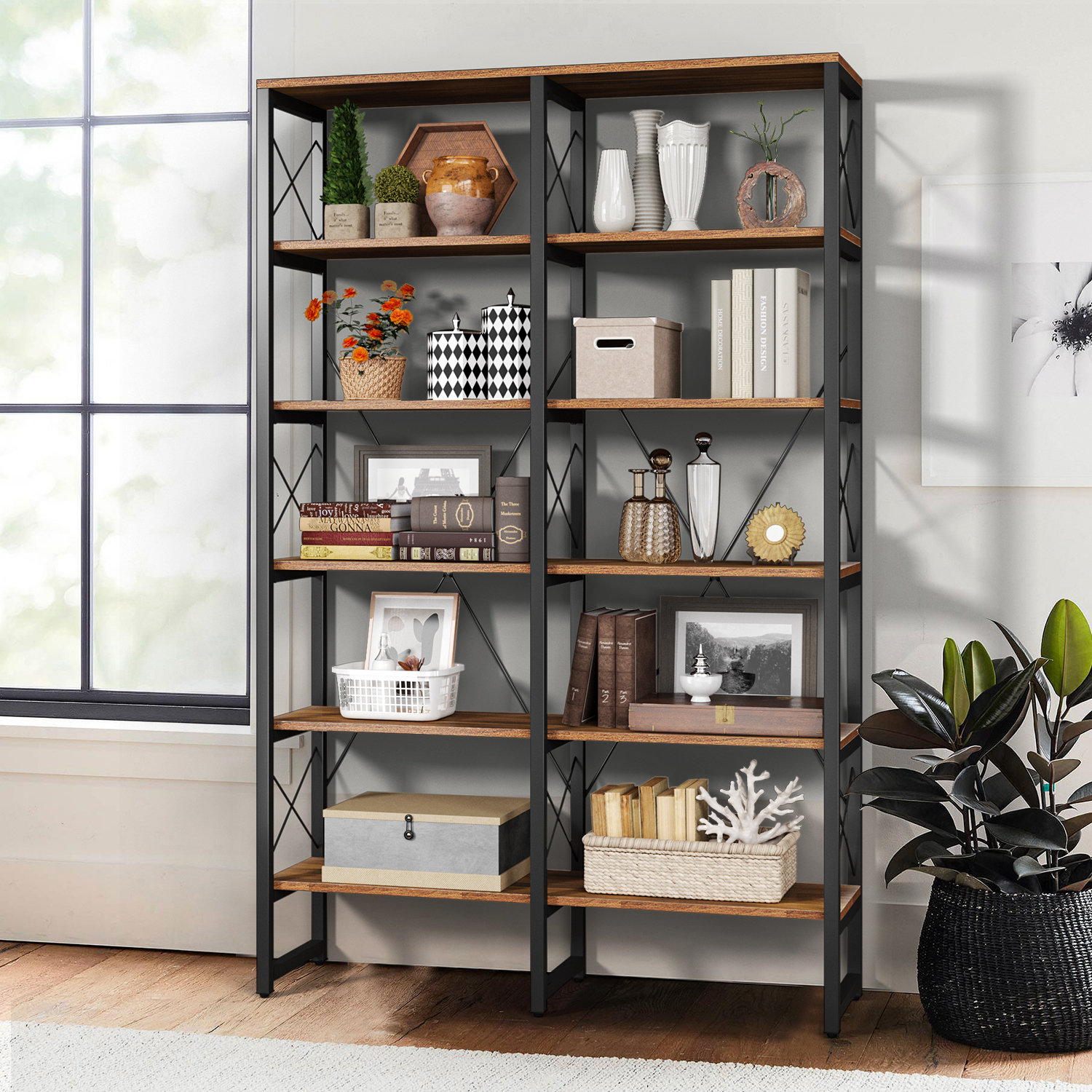 FATORRI Industrial Corner Bookshelf, 5 Tier Tall Corner Bookcase, Wood and Metal
