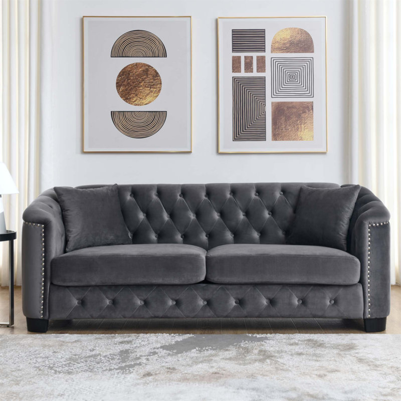 Hafid 76.89'' Velvet Sofa, Gray Velvet, 30" H x 77" W x 31.5" D
