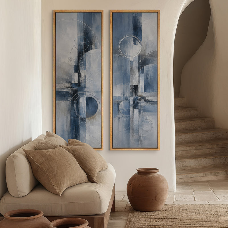 Cercles géométriques bleu-gris, décoration abstraite moderne – Ensemble de 2 impressions sur toile encadrées, 60 po x 20 po x 2 po