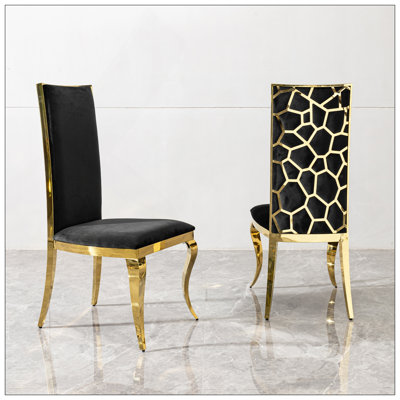 Chaise de salle à manger en velours noir avec dossier au design unique, ensemble de 2 pieds en acier inoxydable doré miroir