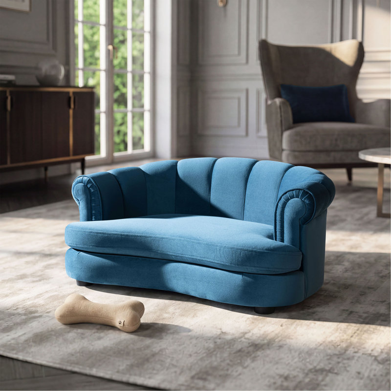 Canapé-lit pour chien Halle 35,5 po avec accoudoirs roulés et capitonnage à canaux, Bleu sarcelle