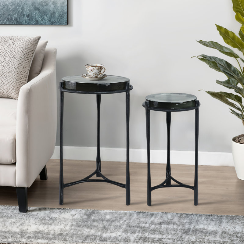 Everly Quinn 2-Pieces Adonia Gunmetal Recycled Glass Accent Table, Silver