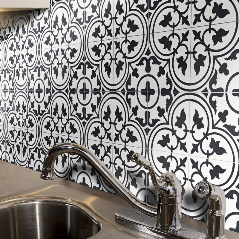 Casa 8" x 8" Cement Patterned Wall & Floor Tile, White/Black