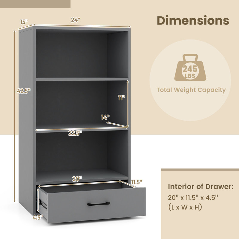 42.5'' H X 24'' W 4-Tier Bookcase w/Storage Drawer, Gray