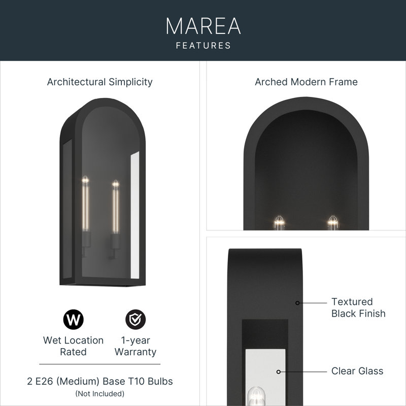 Marea 25" 2-Light Outdoor Wall Light with Clear Glass in Textured Black, 25" H x 11" W x 5.75" D, Textured Black